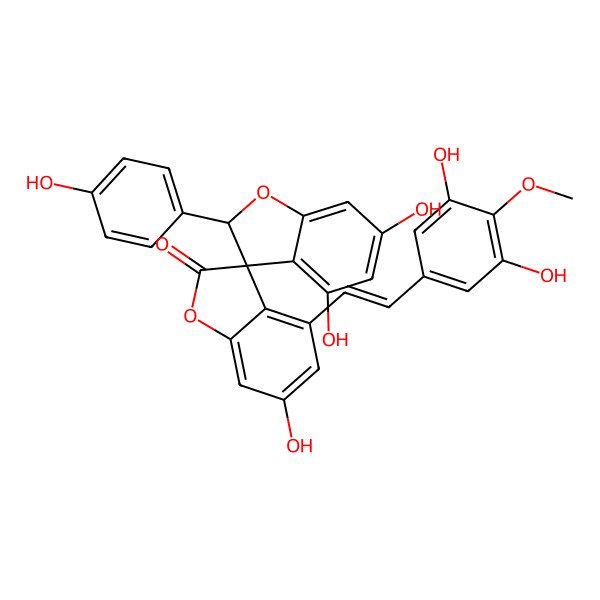 2D Structure of 4-[(E)-2-(3,5-dihydroxy-4-methoxyphenyl)ethenyl]-4',6,6'-trihydroxy-2'-(4-hydroxyphenyl)spiro[1-benzofuran-3,3'-2H-1-benzofuran]-2-one