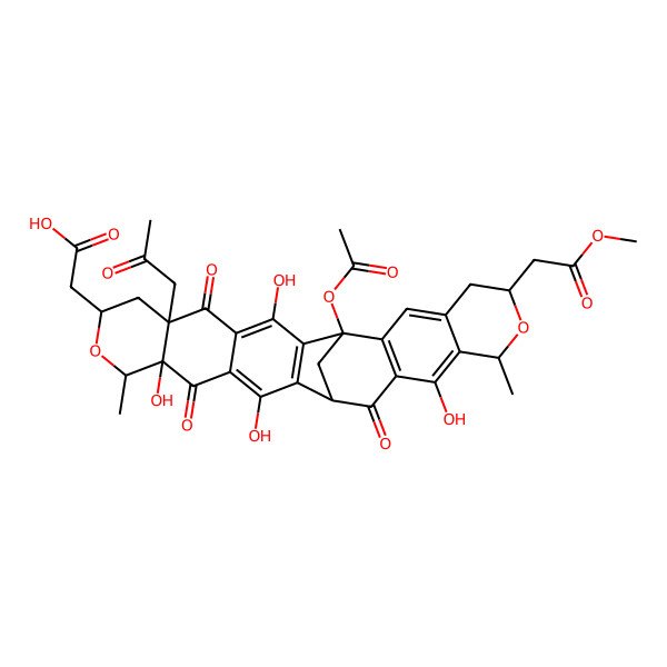 2D Structure of 2-[(1R,6R,7S,9R,11R,16S,21R,23S)-16-acetyloxy-3,6,14,25-tetrahydroxy-21-(2-methoxy-2-oxoethyl)-7,23-dimethyl-5,12,27-trioxo-11-(2-oxopropyl)-8,22-dioxaheptacyclo[14.11.1.02,15.04,13.06,11.017,26.019,24]octacosa-2(15),3,13,17(26),18,24-hexaen-9-yl]acetic acid