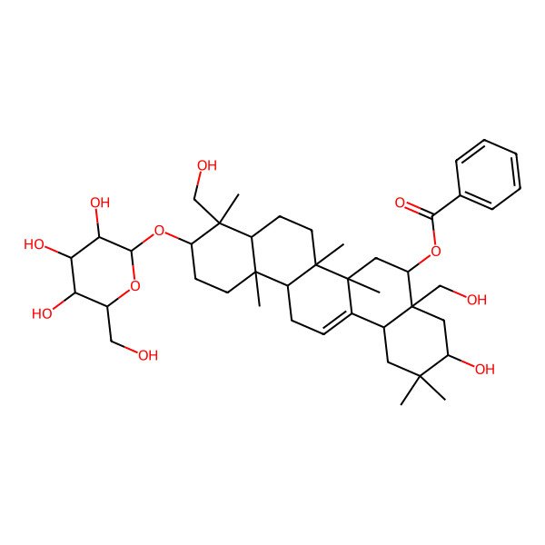 2D Structure of [3-Hydroxy-4a,9-bis(hydroxymethyl)-2,2,6a,6b,9,12a-hexamethyl-10-[3,4,5-trihydroxy-6-(hydroxymethyl)oxan-2-yl]oxy-1,3,4,5,6,6a,7,8,8a,10,11,12,13,14b-tetradecahydropicen-5-yl] benzoate