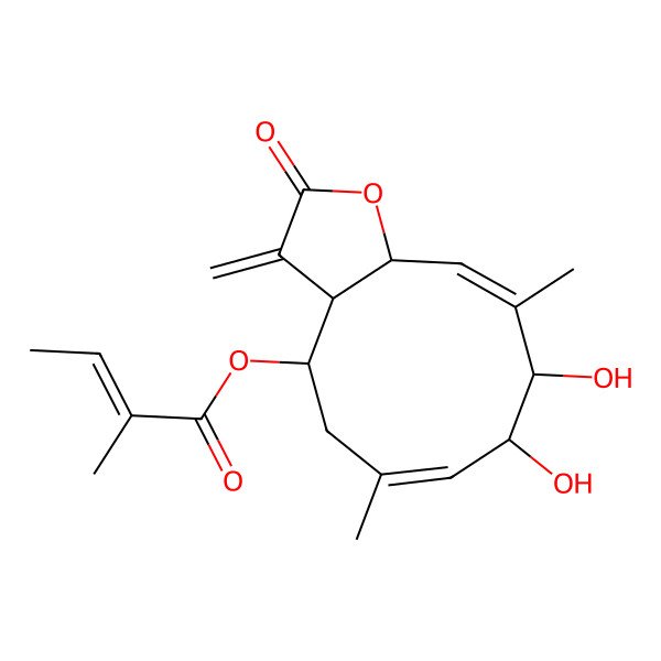 2D Structure of [(3aR,4R,6E,8S,9S,10E,11aR)-8,9-dihydroxy-6,10-dimethyl-3-methylidene-2-oxo-3a,4,5,8,9,11a-hexahydrocyclodeca[b]furan-4-yl] (Z)-2-methylbut-2-enoate