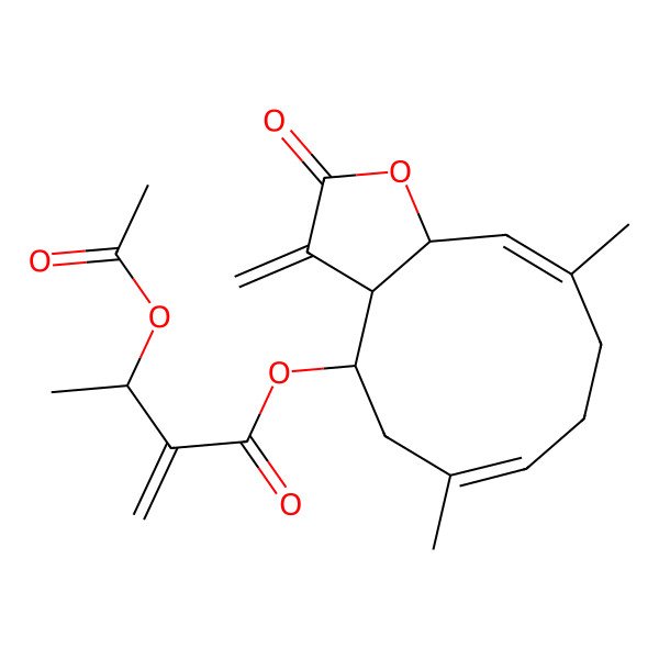 2D Structure of [(3aR,4S,6E,10E,11aR)-6,10-dimethyl-3-methylidene-2-oxo-3a,4,5,8,9,11a-hexahydrocyclodeca[b]furan-4-yl] (3R)-3-acetyloxy-2-methylidenebutanoate