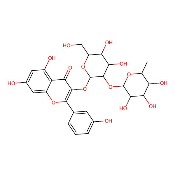 2D Structure of 3-[(2S,3R,4S,5S,6R)-4,5-dihydroxy-6-(hydroxymethyl)-3-[(2S,3R,4R,5R,6S)-3,4,5-trihydroxy-6-methyloxan-2-yl]oxyoxan-2-yl]oxy-5,7-dihydroxy-2-(3-hydroxyphenyl)chromen-4-one