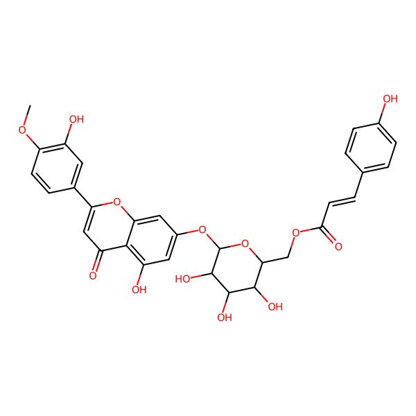 2D Structure of [(2R,3S,4S,5R,6S)-3,4,5-trihydroxy-6-[5-hydroxy-2-(3-hydroxy-4-methoxyphenyl)-4-oxochromen-7-yl]oxyoxan-2-yl]methyl (E)-3-(4-hydroxyphenyl)prop-2-enoate