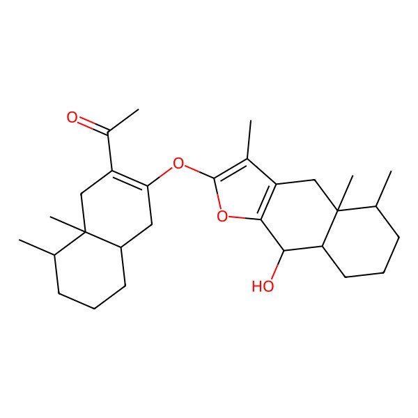 2D Structure of 1-[(4aR,8S,8aR)-3-[[(4aR,5S,8aS,9S)-9-hydroxy-3,4a,5-trimethyl-5,6,7,8,8a,9-hexahydro-4H-benzo[f][1]benzofuran-2-yl]oxy]-8,8a-dimethyl-4,4a,5,6,7,8-hexahydro-1H-naphthalen-2-yl]ethanone