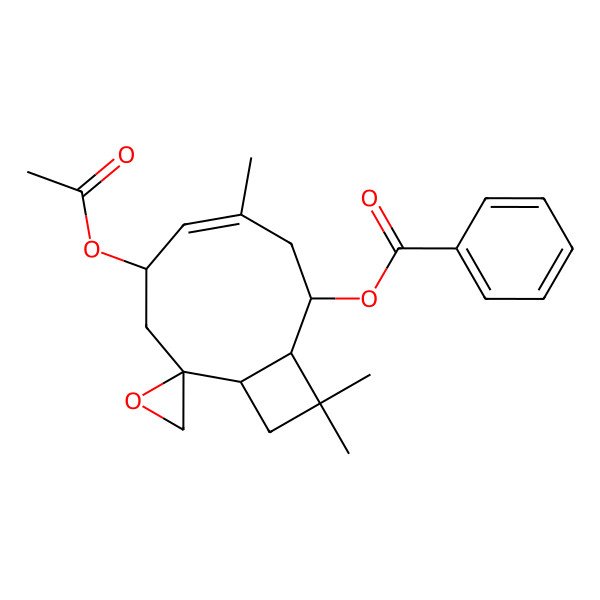 2D Structure of [(1R,2S,4E,6S,8S,9R)-6-acetyloxy-4,11,11-trimethylspiro[bicyclo[7.2.0]undec-4-ene-8,2'-oxirane]-2-yl] benzoate