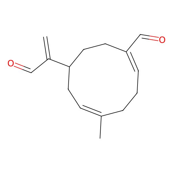 2D Structure of (1E,5E,8R)-5-methyl-8-(3-oxoprop-1-en-2-yl)cyclodeca-1,5-diene-1-carbaldehyde