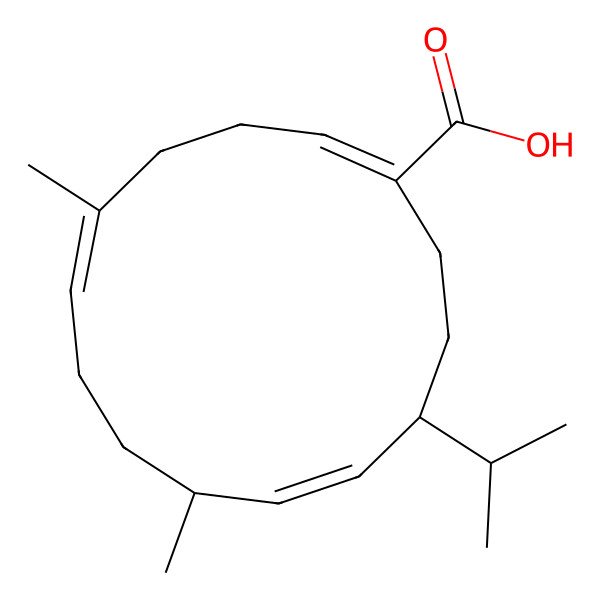 2D Structure of (1E,5E,9R,10E,12R)-5,9-dimethyl-12-propan-2-ylcyclotetradeca-1,5,10-triene-1-carboxylic acid