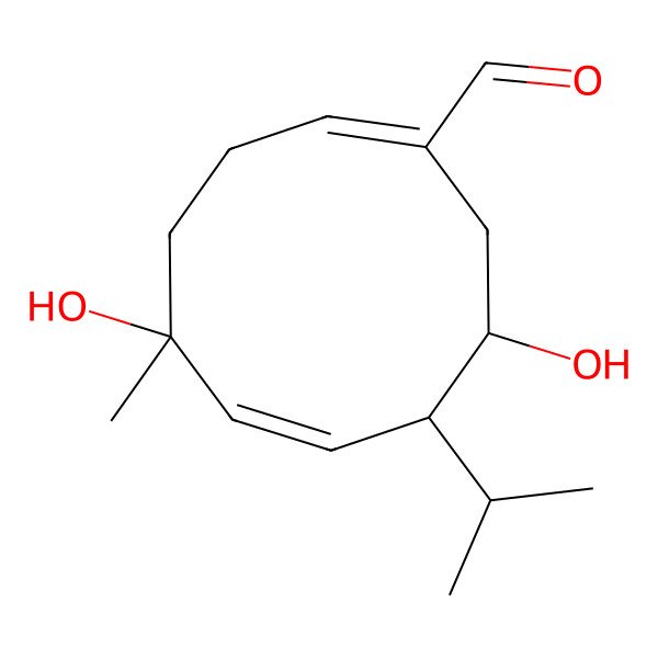 2D Structure of (1E,5R,6E,8R,9R)-5,9-dihydroxy-5-methyl-8-propan-2-ylcyclodeca-1,6-diene-1-carbaldehyde 2D Structure of (1E,5R,6E,8R,9R)-5,9-dihydroxy-5-methyl-8-propan-2-ylcyclodeca-1,6-diene-1-carbaldehyde