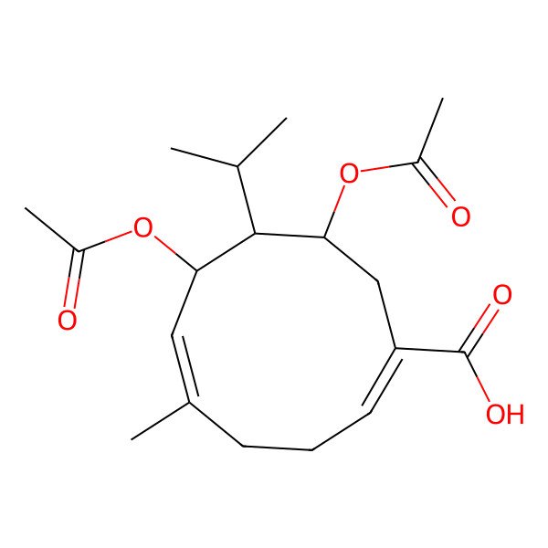 2D Structure of (1E,5Z,7R,8S,9R)-7,9-diacetyloxy-5-methyl-8-propan-2-ylcyclodeca-1,5-diene-1-carboxylic acid