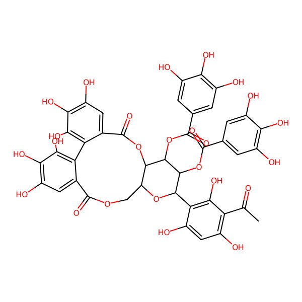 2D Structure of [(10R,11R,12S,13S,15R)-13-(3-acetyl-2,4,6-trihydroxyphenyl)-3,4,5,21,22,23-hexahydroxy-8,18-dioxo-12-(3,4,5-trihydroxybenzoyl)oxy-9,14,17-trioxatetracyclo[17.4.0.02,7.010,15]tricosa-1(23),2,4,6,19,21-hexaen-11-yl] 3,4,5-trihydroxybenzoate