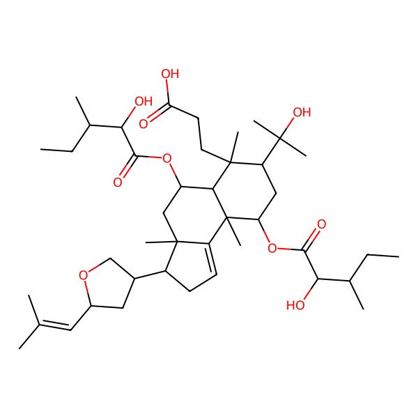 2D Structure of 3-[(3S,3aS,5R,5aR,6R,7R,9R,9aR)-5,9-bis[[(2R,3R)-2-hydroxy-3-methylpentanoyl]oxy]-7-(2-hydroxypropan-2-yl)-3a,6,9a-trimethyl-3-[(3S,5S)-5-(2-methylprop-1-enyl)oxolan-3-yl]-2,3,4,5,5a,7,8,9-octahydrocyclopenta[a]naphthalen-6-yl]propanoic acid