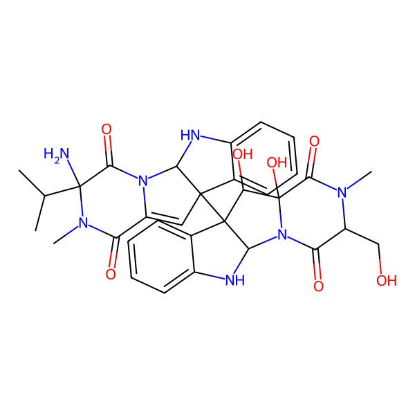 2D Structure of (1R,4R,9R)-4-amino-9-[(1S,4S,7S,8S,9R)-7,8-dihydroxy-4-(hydroxymethyl)-5-methyl-3,6-dioxo-2,5,16-triazatetracyclo[7.7.0.02,7.010,15]hexadeca-10,12,14-trien-9-yl]-5-methyl-4-propan-2-yl-2,5,16-triazatetracyclo[7.7.0.02,7.010,15]hexadeca-7,10,12,14-tetraene-3,6-dione