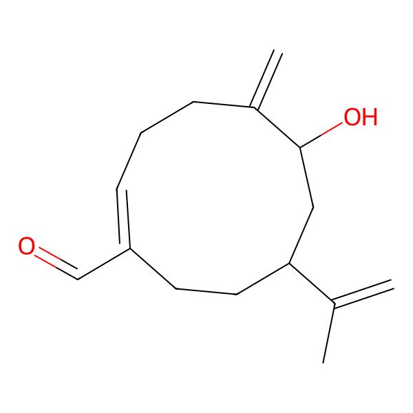 2D Structure of (1E,6S,8S)-6-hydroxy-5-methylidene-8-prop-1-en-2-ylcyclodecene-1-carbaldehyde 2D Structure of (1E,6S,8S)-6-hydroxy-5-methylidene-8-prop-1-en-2-ylcyclodecene-1-carbaldehyde