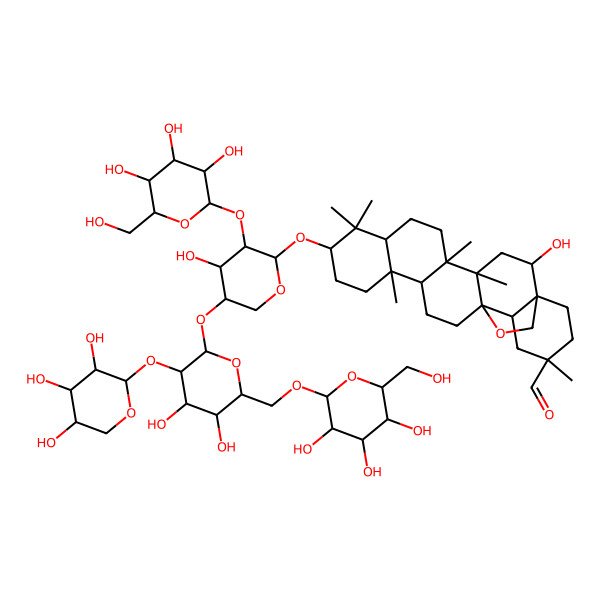 2D Structure of 10-[5-[4,5-Dihydroxy-6-[[3,4,5-trihydroxy-6-(hydroxymethyl)oxan-2-yl]oxymethyl]-3-(3,4,5-trihydroxyoxan-2-yl)oxyoxan-2-yl]oxy-4-hydroxy-3-[3,4,5-trihydroxy-6-(hydroxymethyl)oxan-2-yl]oxyoxan-2-yl]oxy-2-hydroxy-4,5,9,9,13,20-hexamethyl-24-oxahexacyclo[15.5.2.01,18.04,17.05,14.08,13]tetracosane-20-carbaldehyde