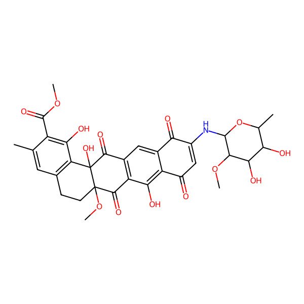 2D Structure of Methyl 11-[(4,5-dihydroxy-3-methoxy-6-methyloxan-2-yl)amino]-1,8,14a-trihydroxy-6a-methoxy-3-methyl-7,9,12,14-tetraoxo-5,6-dihydrobenzo[a]tetracene-2-carboxylate