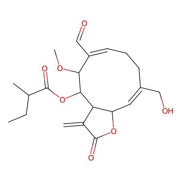 2D Structure of NCGC00385109-01_C21H28O7_(10Z)-6-Formyl-10-(hydroxymethyl)-5-methoxy-3-methylene-2-oxo-2,3,3a,4,5,8,9,11a-octahydrocyclodeca[b]furan-4-yl 2-methylbutanoate