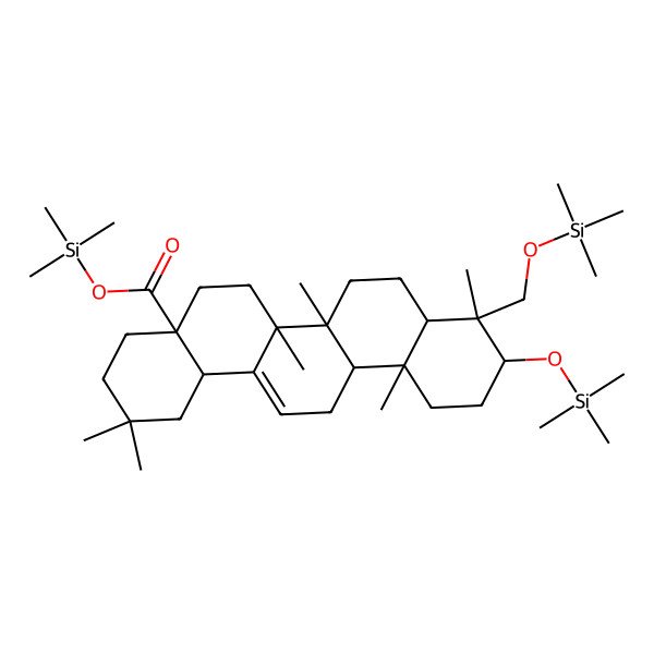2D Structure of trimethylsilyl (4aS,6aR,6aS,6bR,8aR,9R,10S,12aR,14bS)-2,2,6a,6b,9,12a-hexamethyl-10-trimethylsilyloxy-9-(trimethylsilyloxymethyl)-1,3,4,5,6,6a,7,8,8a,10,11,12,13,14b-tetradecahydropicene-4a-carboxylate