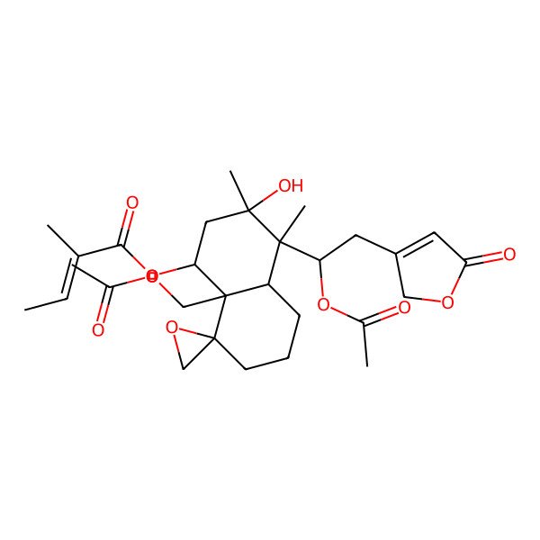 2D Structure of [(1S,3S,4S,4aR,8R,8aR)-8a-(acetyloxymethyl)-4-[(1S)-1-acetyloxy-2-(5-oxo-2H-furan-3-yl)ethyl]-3-hydroxy-3,4-dimethylspiro[1,2,4a,5,6,7-hexahydronaphthalene-8,2'-oxirane]-1-yl] (E)-2-methylbut-2-enoate