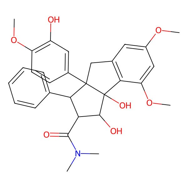 2D Structure of (1R,2R,3S,3aS,8bS)-1,8b-dihydroxy-3a-(3-hydroxy-4-methoxyphenyl)-6,8-dimethoxy-N,N-dimethyl-3-phenyl-1,2,3,4-tetrahydrocyclopenta[a]indene-2-carboxamide