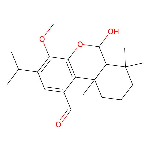 2D Structure of (6S,6aS,10aS)-6-hydroxy-4-methoxy-7,7,10a-trimethyl-3-propan-2-yl-6a,8,9,10-tetrahydro-6H-benzo[c]chromene-1-carbaldehyde