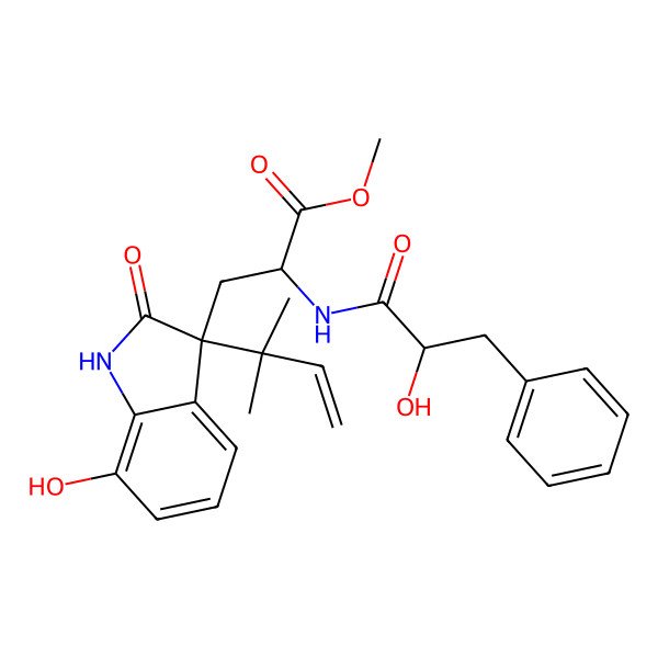 2D Structure of methyl (2S)-3-[(3S)-7-hydroxy-3-(2-methylbut-3-en-2-yl)-2-oxo-1H-indol-3-yl]-2-[[(2S)-2-hydroxy-3-phenylpropanoyl]amino]propanoate