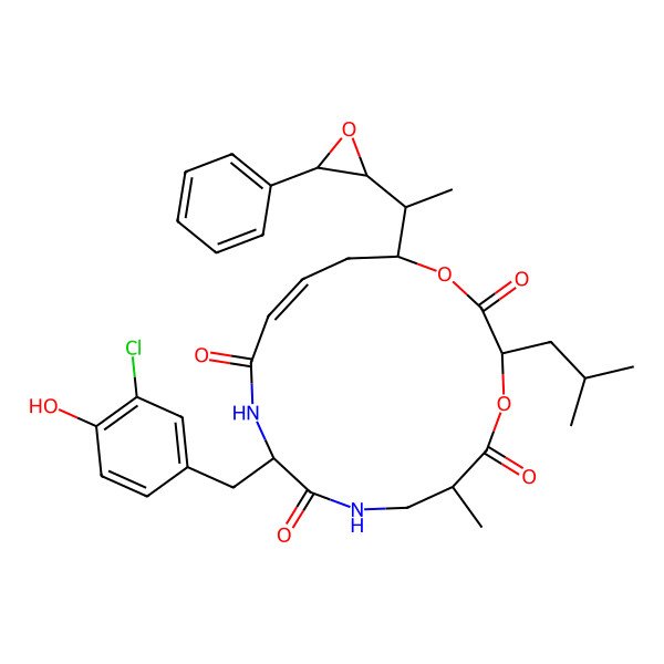 2D Structure of 10-[(3-Chloro-4-hydroxyphenyl)methyl]-6-methyl-3-(2-methylpropyl)-16-[1-(3-phenyloxiran-2-yl)ethyl]-1,4-dioxa-8,11-diazacyclohexadec-13-ene-2,5,9,12-tetrone