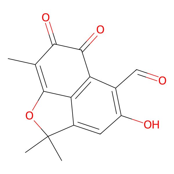 2D Structure of 6-Hydroxy-3,3,11-trimethyl-9,10-dioxo-2-oxatricyclo[6.3.1.04,12]dodeca-1(11),4,6,8(12)-tetraene-7-carbaldehyde