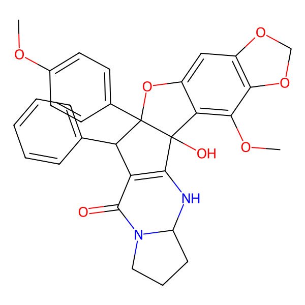 2D Structure of 1-Hydroxy-21-methoxy-12-(4-methoxyphenyl)-11-phenyl-13,17,19-trioxa-3,8-diazahexacyclo[10.10.0.02,10.04,8.014,22.016,20]docosa-2(10),14,16(20),21-tetraen-9-one