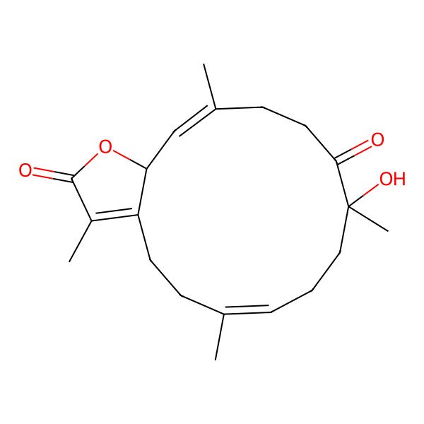 2D Structure of (6E,10R,14E,15aR)-10-hydroxy-3,6,10,14-tetramethyl-5,8,9,12,13,15a-hexahydro-4H-cyclotetradeca[b]furan-2,11-dione