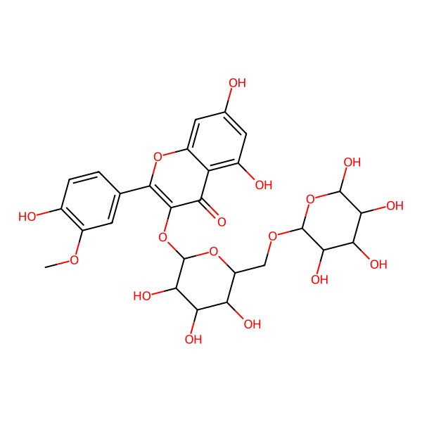 2D Structure of 5,7-dihydroxy-2-(4-hydroxy-3-methoxyphenyl)-3-[(2S,3R,4S,5S,6R)-3,4,5-trihydroxy-6-[[(2R,3R,4R,5R,6R)-3,4,5,6-tetrahydroxyoxan-2-yl]oxymethyl]oxan-2-yl]oxychromen-4-one