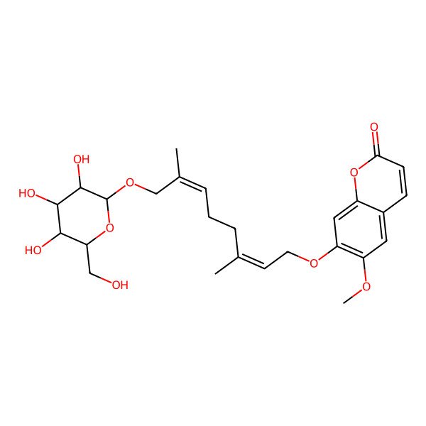 2D Structure of 7-[(2E,6Z)-3,7-dimethyl-8-[(2R,3R,4S,5S,6R)-3,4,5-trihydroxy-6-(hydroxymethyl)oxan-2-yl]oxyocta-2,6-dienoxy]-6-methoxychromen-2-one
