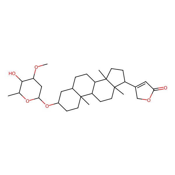 2D Structure of 3-[(3S,5R,8R,9S,10S,13R,14R,17S)-3-[(2R,4S,5R,6R)-5-hydroxy-4-methoxy-6-methyloxan-2-yl]oxy-10,13,14-trimethyl-1,2,3,4,5,6,7,8,9,11,12,15,16,17-tetradecahydrocyclopenta[a]phenanthren-17-yl]-2H-furan-5-one