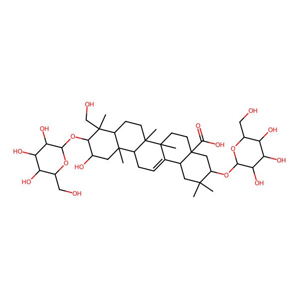 2D Structure of (3S,4aR,6aR,6aS,6bR,8aR,9R,10R,11R,12aR,14bS)-11-hydroxy-9-(hydroxymethyl)-2,2,6a,6b,9,12a-hexamethyl-3,10-bis[[(2R,3R,4S,5S,6R)-3,4,5-trihydroxy-6-(hydroxymethyl)oxan-2-yl]oxy]-1,3,4,5,6,6a,7,8,8a,10,11,12,13,14b-tetradecahydropicene-4a-carboxylic acid
