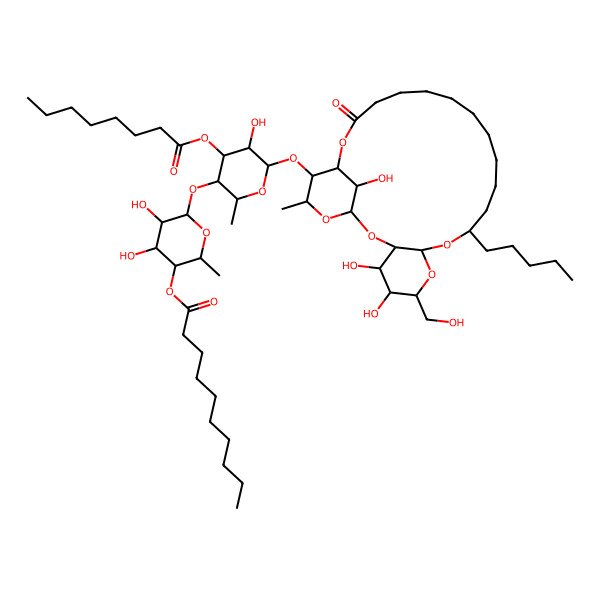 2D Structure of [4,5-Dihydroxy-6-[5-hydroxy-2-methyl-4-octanoyloxy-6-[[4,5,26-trihydroxy-6-(hydroxymethyl)-24-methyl-20-oxo-10-pentyl-2,7,9,21,25-pentaoxatricyclo[20.3.1.03,8]hexacosan-23-yl]oxy]oxan-3-yl]oxy-2-methyloxan-3-yl] decanoate