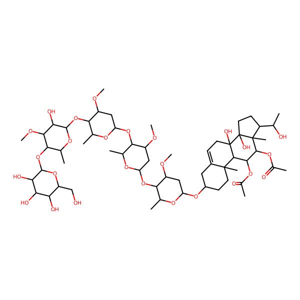2D Structure of [(3S,8S,9S,10R,11S,12S,13S,14R,17S)-12-acetyloxy-8,14-dihydroxy-17-[(1S)-1-hydroxyethyl]-3-[(2R,4S,5R,6R)-5-[(2S,4S,5R,6R)-5-[(2S,4R,5R,6R)-5-[(2S,3R,4S,5R,6R)-3-hydroxy-4-methoxy-6-methyl-5-[(2S,3R,4S,5S,6R)-3,4,5-trihydroxy-6-(hydroxymethyl)oxan-2-yl]oxyoxan-2-yl]oxy-4-methoxy-6-methyloxan-2-yl]oxy-4-methoxy-6-methyloxan-2-yl]oxy-4-methoxy-6-methyloxan-2-yl]oxy-10,13-dimethyl-2,3,4,7,9,11,12,15,16,17-decahydro-1H-cyclopenta[a]phenanthren-11-yl] acetate