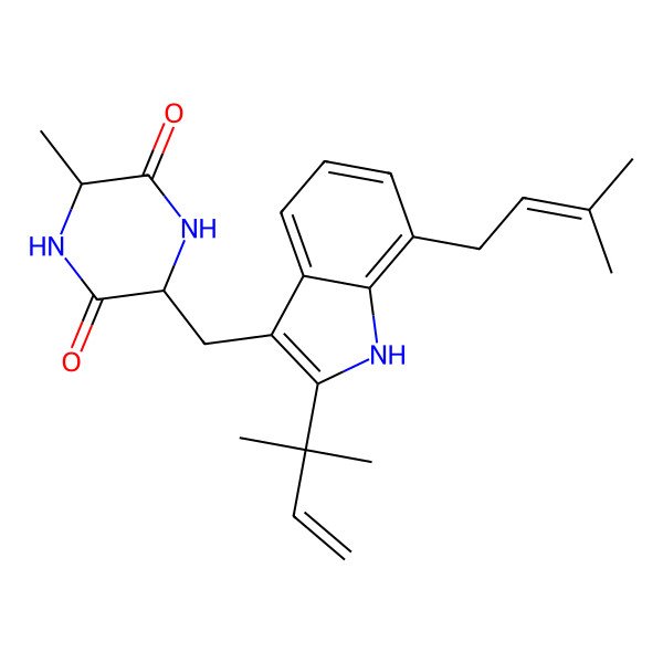 2D Structure of 3-methyl-6-[[2-(2-methylbut-3-en-2-yl)-7-(3-methylbut-2-enyl)-1H-indol-3-yl]methyl]piperazine-2,5-dione