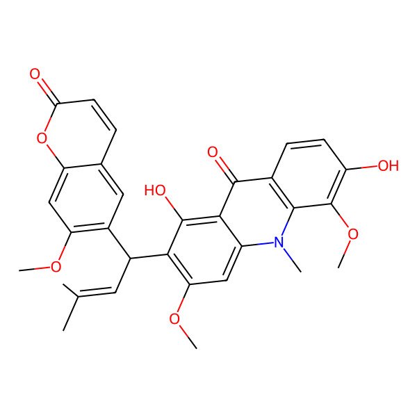 2D Structure of 1,6-dihydroxy-3,5-dimethoxy-2-[(1S)-1-(7-methoxy-2-oxochromen-6-yl)-3-methylbut-2-enyl]-10-methylacridin-9-one
