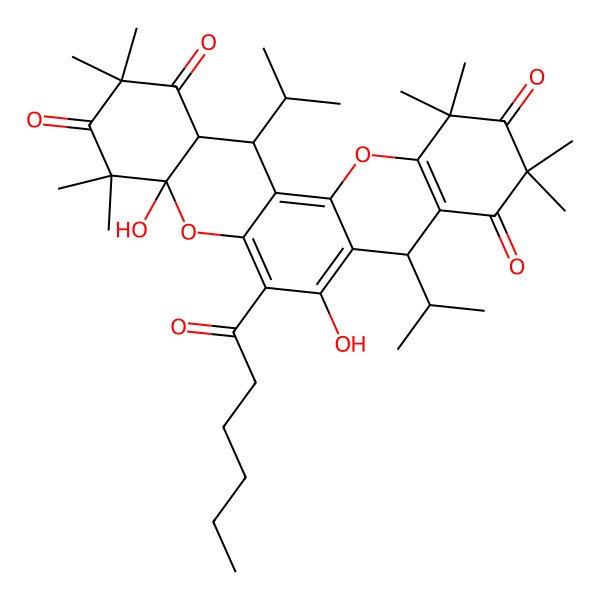 2D Structure of 6-hexanoyl-4a,7-dihydroxy-2,2,4,4,10,10,12,12-octamethyl-8,14-di(propan-2-yl)-14,14a-dihydro-8H-chromeno[2,3-a]xanthene-1,3,9,11-tetrone