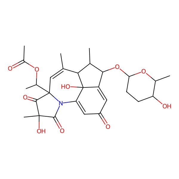 2D Structure of 1-[4,16-Dihydroxy-11-(5-hydroxy-6-methyloxan-2-yl)oxy-4,8,10-trimethyl-3,5,14-trioxo-2-azatetracyclo[7.6.1.02,6.012,16]hexadeca-1(15),7,12-trien-6-yl]ethyl acetate