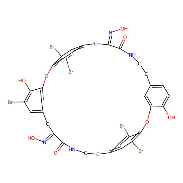 2D Structure of (12Z,25Z)-16,21,32,33,36-pentabromo-4,20-dihydroxy-12,25-bis(hydroxyimino)-2,18-dioxa-10,27-diazapentacyclo[28.2.2.214,17.13,7.119,23]octatriaconta-1(32),3,5,7(38),14,16,19,21,23(35),30,33,36-dodecaene-11,26-dione