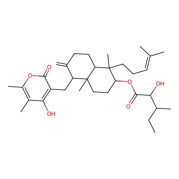 2D Structure of [5-[(4-hydroxy-5,6-dimethyl-2-oxopyran-3-yl)methyl]-1,4a-dimethyl-6-methylidene-1-(4-methylpent-3-enyl)-3,4,5,7,8,8a-hexahydro-2H-naphthalen-2-yl] 2-hydroxy-3-methylpentanoate