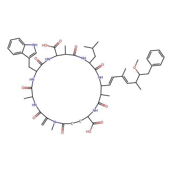 2D Structure of (5R,8S,11R,12S,15S,18S,19S,22R)-8-(1H-indol-3-ylmethyl)-18-[(1E,3E,5S,6S)-6-methoxy-3,5-dimethyl-7-phenylhepta-1,3-dienyl]-1,5,12,19-tetramethyl-2-methylidene-15-(2-methylpropyl)-3,6,9,13,16,20,25-heptaoxo-1,4,7,10,14,17,21-heptazacyclopentacosane-11,22-dicarboxylic acid