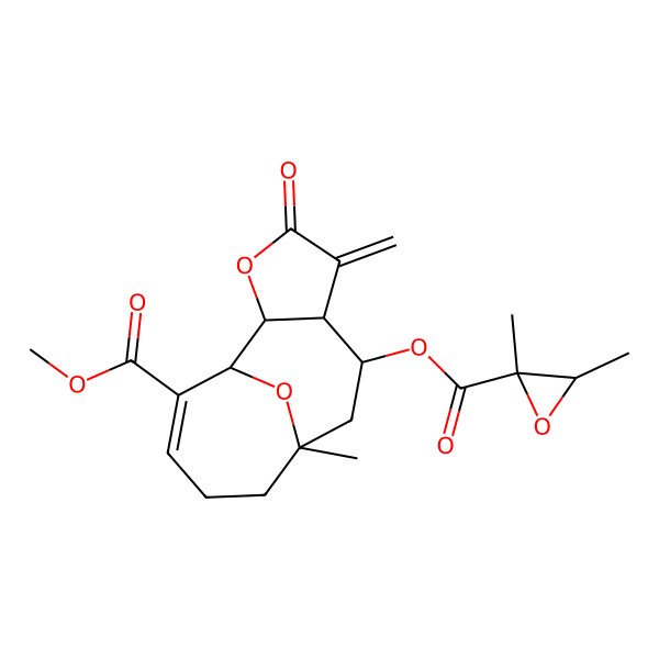 2D Structure of Methyl 7-(2,3-dimethyloxirane-2-carbonyl)oxy-9-methyl-5-methylidene-4-oxo-3,14-dioxatricyclo[7.4.1.02,6]tetradec-12-ene-13-carboxylate
