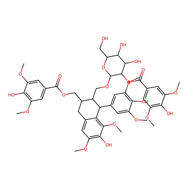 2D Structure of [(2R,3R,4S)-3-[[(2R,3R,4S,5S,6R)-4,5-dihydroxy-3-(4-hydroxy-3,5-dimethoxybenzoyl)oxy-6-(hydroxymethyl)oxan-2-yl]oxymethyl]-6-hydroxy-4-(4-hydroxy-3,5-dimethoxyphenyl)-5,7-dimethoxy-1,2,3,4-tetrahydronaphthalen-2-yl]methyl 4-hydroxy-3,5-dimethoxybenzoate