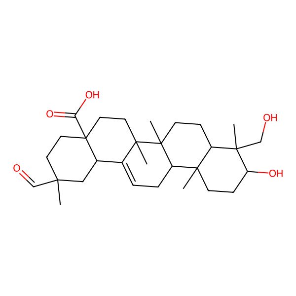 2D Structure of (2S,4aR,6aR,6aS,6bR,8aR,9R,10S,12aR,14bS)-2-formyl-10-hydroxy-9-(hydroxymethyl)-2,6a,6b,9,12a-pentamethyl-1,3,4,5,6,6a,7,8,8a,10,11,12,13,14b-tetradecahydropicene-4a-carboxylic acid