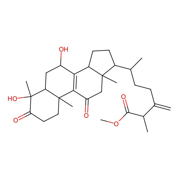 2D Structure of methyl (2S,6R)-6-[(4R,5R,7S,10S,13R,14R,17R)-4,7-dihydroxy-4,10,13-trimethyl-3,11-dioxo-1,2,5,6,7,12,14,15,16,17-decahydrocyclopenta[a]phenanthren-17-yl]-2-methyl-3-methylideneheptanoate