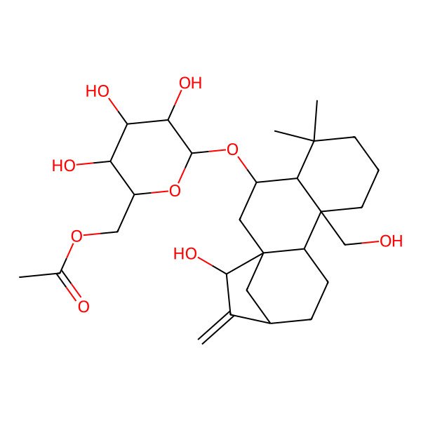 2D Structure of [(2R,3S,4S,5R,6R)-3,4,5-trihydroxy-6-[[(1S,3S,4R,9R,10S,13R,15R)-15-hydroxy-9-(hydroxymethyl)-5,5-dimethyl-14-methylidene-3-tetracyclo[11.2.1.01,10.04,9]hexadecanyl]oxy]oxan-2-yl]methyl acetate