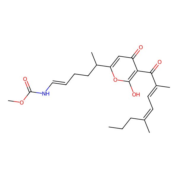 2D Structure of methyl N-[(E,5R)-5-[5-[(2E,4E)-2,5-dimethylocta-2,4-dienoyl]-6-hydroxy-4-oxopyran-2-yl]hex-1-enyl]carbamate