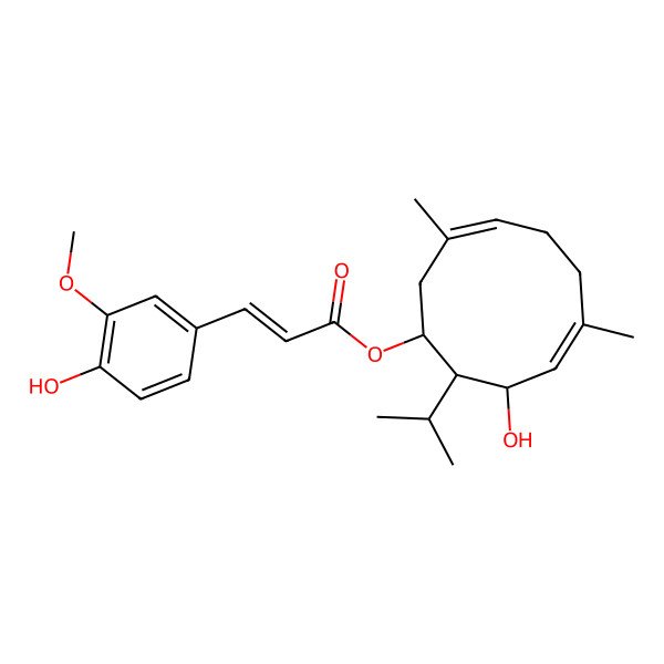 2D Structure of (9-Hydroxy-3,7-dimethyl-10-propan-2-ylcyclodeca-3,7-dien-1-yl) 3-(4-hydroxy-3-methoxyphenyl)prop-2-enoate
