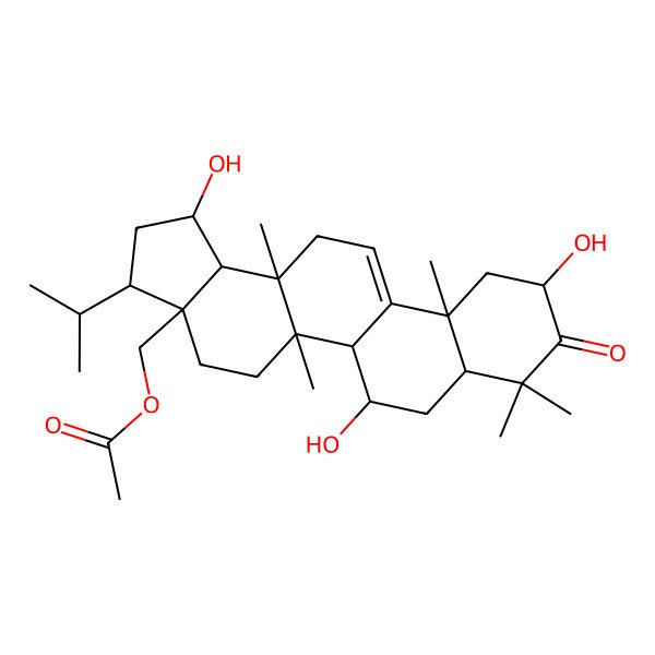 2D Structure of (1,6,10-trihydroxy-5a,8,8,11a,13a-pentamethyl-9-oxo-3-propan-2-yl-2,3,4,5,5b,6,7,7a,10,11,13,13b-dodecahydro-1H-cyclopenta[a]chrysen-3a-yl)methyl acetate